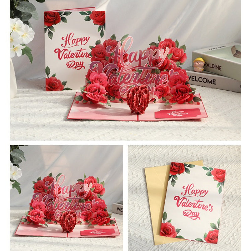 3D Rose Flower Pop Up Card, Elegant Greeting Card for Her, Valentines Day