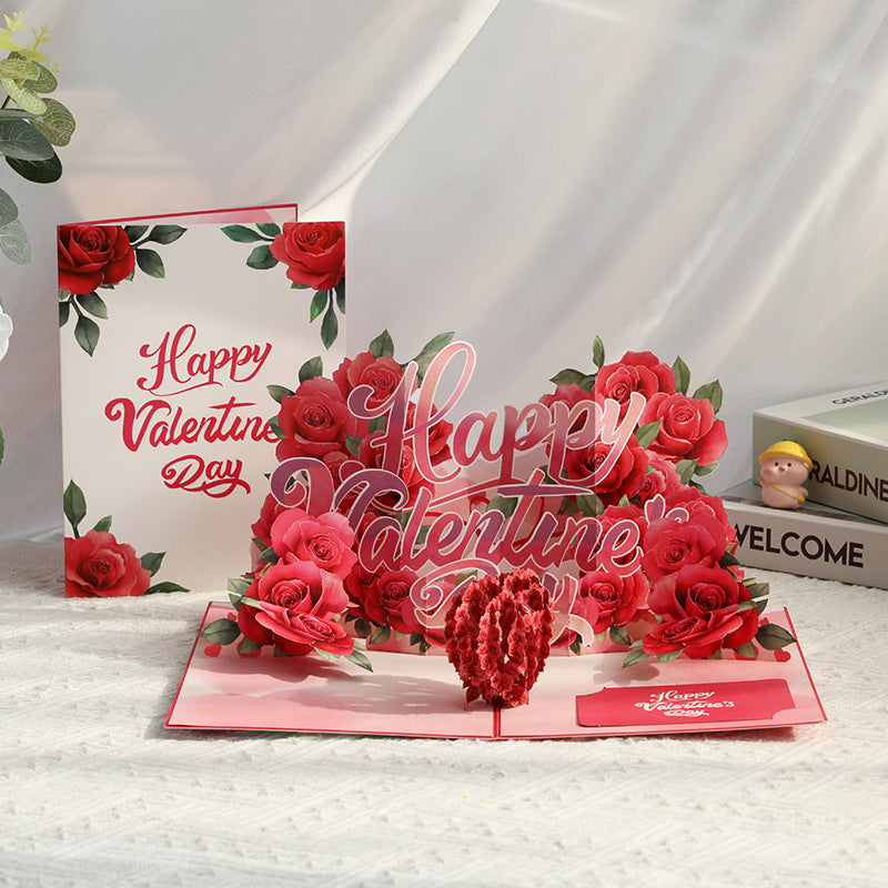 3D Rose Flower Pop Up Card, Elegant Greeting Card for Her, Valentines Day